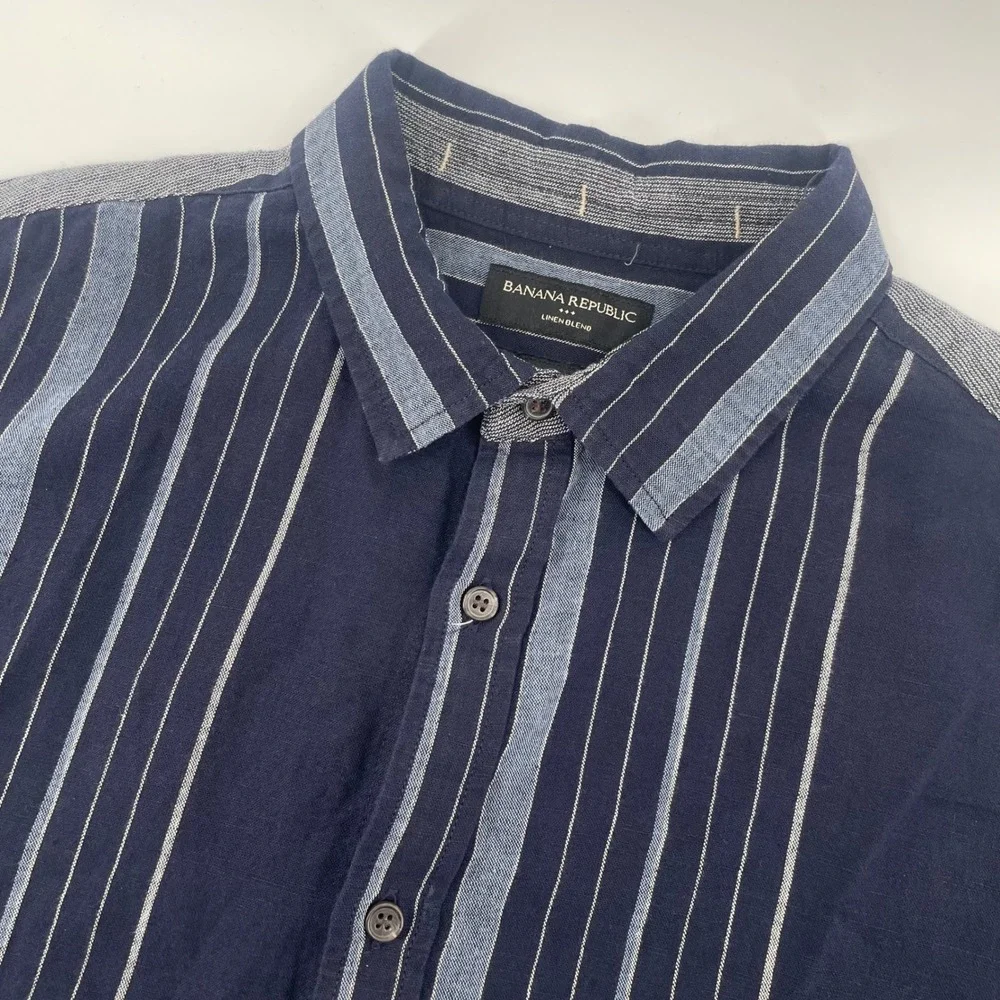 Banana Republic Shirt Mens XL Blue Striped Linen Blend Slim Fit Short Sleeve